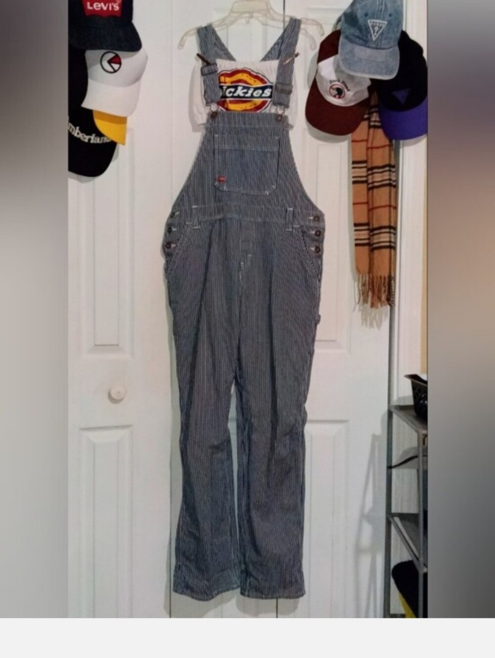 Dickies Oversized Blue and White Striped Overalls Size L+Red Dickies Tube top- M - Picture 2 of 2